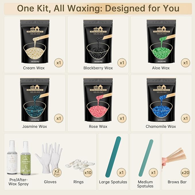 Lifestance Wax Beads Set - 6 Kinds of Hard Wax Beans with 44 Items, Perfect for Any Wax Warmers For Full Body, Bikini, Armpit, Underarm, Eyebrow, Face, Leg