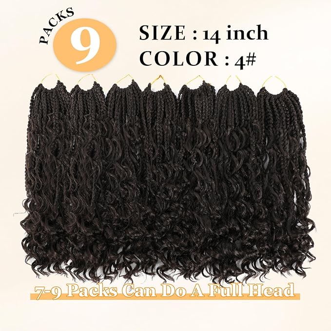 14 Inch Goddess Box Braids Crochet Hair Curly Ends 9 Packs Pre Looped Boho Crochet Box Braids Bohemian Box Braid Crochet Hair For Black Women (14Inch 9Packs,4)