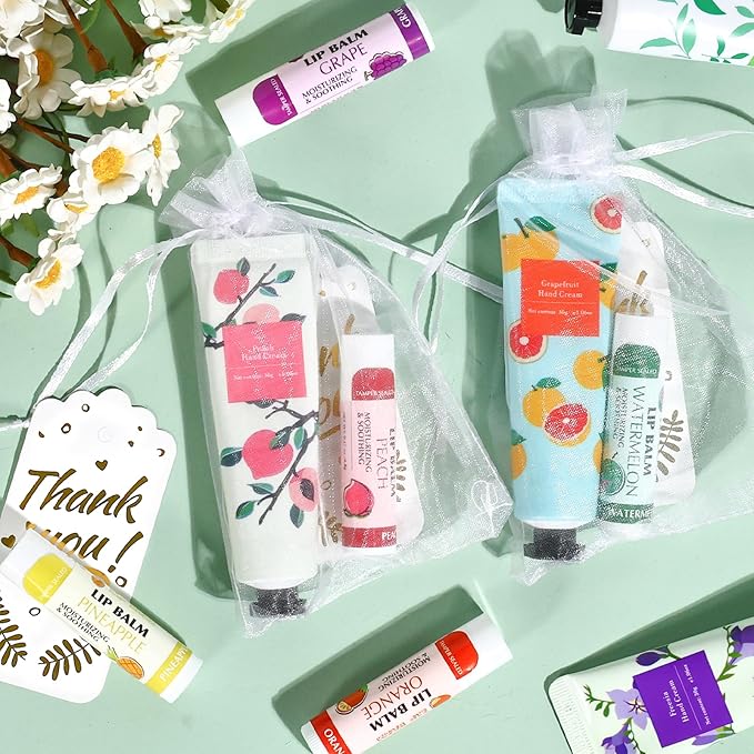 AZEN 24 Sets Hand Cream and Lip Balm Set with Organza Bag Thank You Card, Baby Shower Wedding Gifts for Guests, Bridal Souvenirs for Colleagues Employee Coworkers, Party Favor for Female Friends