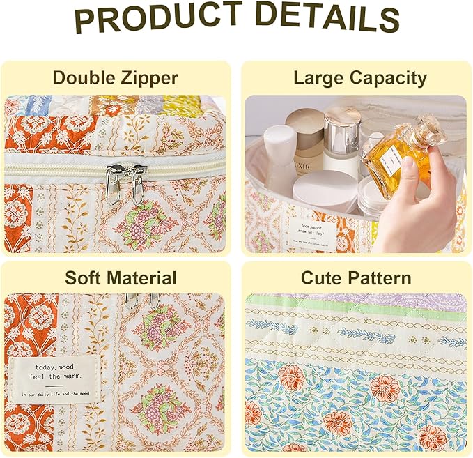 3Pcs Makeup Bag Cotton Quilted Travel Cosmetic Bag Cute Floral Makeup Pouch Large Toiletry Bag for Women Girls (Flower stitching)