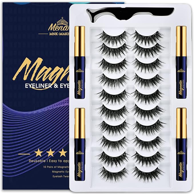 Magnetic Eyelashes Natural Look - Magnetic Lashes with Eyeliner Kit Natural Looking,Upgraded Long Lasting,10 Pairs 3D Reusable 5 Magnet False Eyelashes with Applicator Tool Easy to Apply.