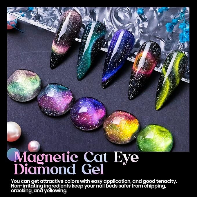MIZHSE Reflective 9D Cat Eye Gel Nail Polish, Glitter Magnetic Gel Polish Set with 2 Magnet Sticks, Chameleon Magic Effect Holographic Cateye Nail Polish Soak Off Nail Art Gift