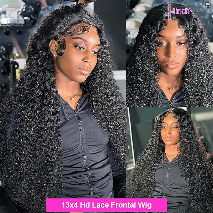 13x4 Deep Wave Lace Front Wigs Human Hair HD Transparent Deep Curly Lace Front Wigs Human Hair 180 Density Frontal Glueless Wigs for Women Human Hair Pre Plucked with Baby Hair 34Inch