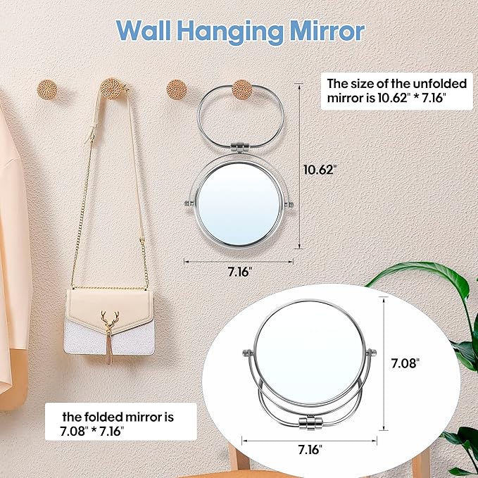 Portable Folding Travel Makeup Mirror,1X/10X Magnifying Vanity Mirror,6” Double-Sided 360° Swivel,Handheld & Wall Hanging Metal Mirror for Home and On-the-Go Use,Travel Storage Bag Included,No Light