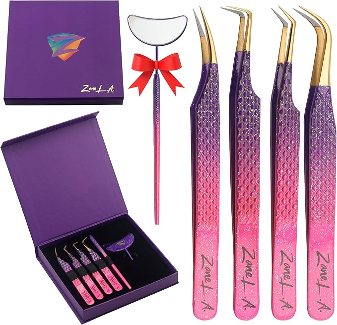 Nano Fiber Tip Professional Eyelash Extension Tweezers, a pack of 4, Quality tweezers made with Japanese Stainless Steel, includes Stylish Half Moon Mirror. (Multi-Color)