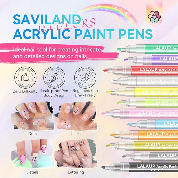 Saviland Nail Art Supplies with 12pcs Nail Art Pens Set and Practice Hand for Acrylic Nails