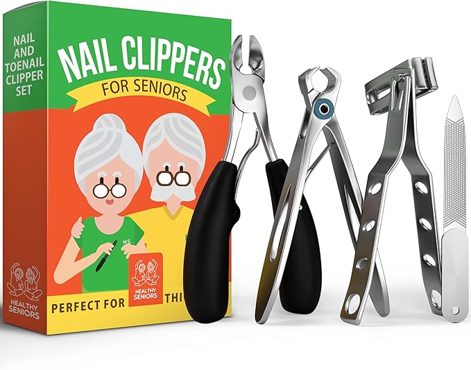 Finger & Toe Nail Clippers for Thick Nails for Seniors - 4-Piece Heavy Duty Toenail Clippers for Seniors - Professional Wide Trimmers for Diabetic People - Complete Kit with Storage Bag