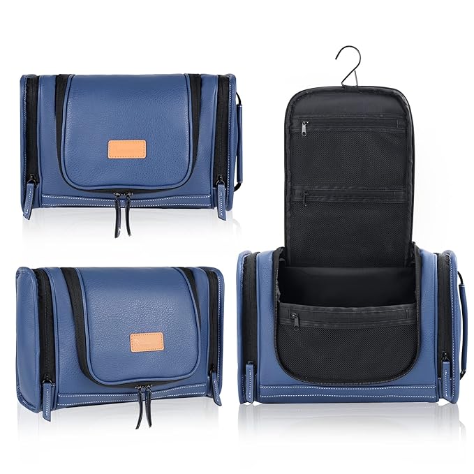 MIRASON Hanging Toiletry Bag for Men PVC Leather Dopp Kit Waterproof Travel Organizer Bag with Sturdy Metal Hook and Handle for Bathroom Shower Cosmetics Camping Brushes Shaving (Blue)