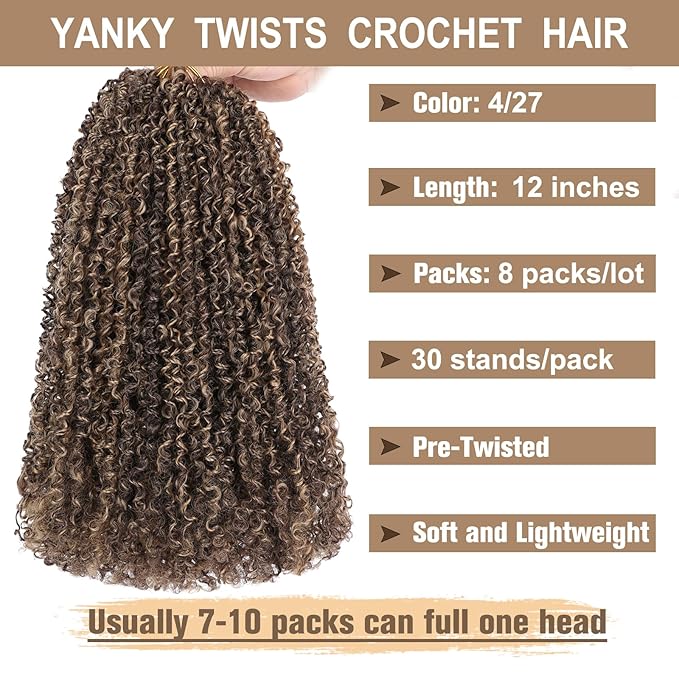 COOKOO 8 Bundles/Lot 12 Inch Bohemian Yanky Twist Crochet Hair Mix Blonde Pre-Twisted Crochet Passion Twist Hair with Curls Pre Looped Small Curly Twist Crochet Hair for Senegalese Twist Braids 4H27#
