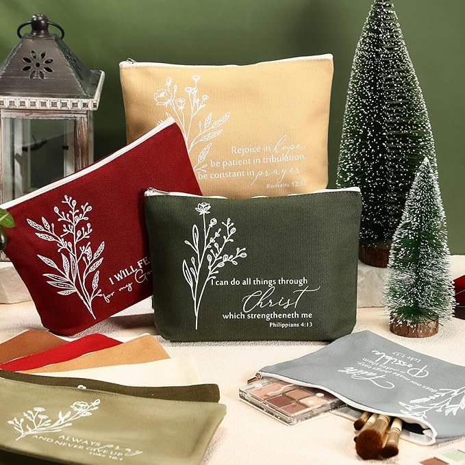 10Pcs Christian Gifts for Women Religious Cosmetic Bags Inspirational Bible Verse Pencil Pouch Canvas Makeup Bags Bulk with Zipper for Mother Sister Church Favors