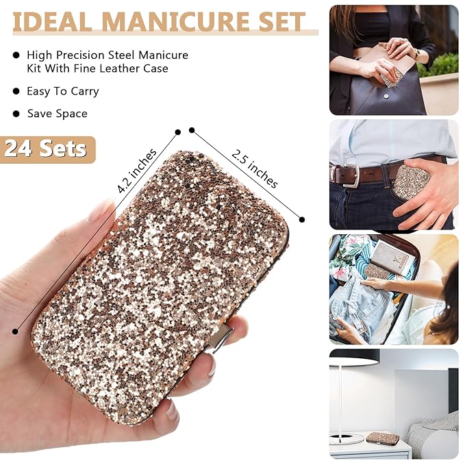 Lasnten 24 Set Manicure Set Bulk Nail Clippers Grooming Nail Kit Stainless Steel Professional Pedicure Kit Pedicure Tools with Travel Case Gifts for Men Women Personal(8 in 1,Shiny Gold)