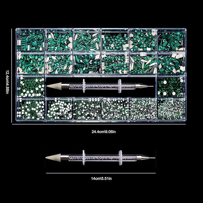 12 Types of Green 600 Diamonds + 2500 Flat Rhinestones Mix 20 Styles Flatback DIY Crafts Rhinestone Crystals 3D Decorations Flat Back Stones Set + Rhinestone Picker Wax Pen