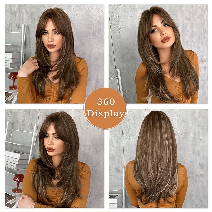7JHH WIGS Honey Blonde Wig with Bangs Long Brown Wigs for Women,Layered Heat Resistant Synthetic Wigs for Daily Use