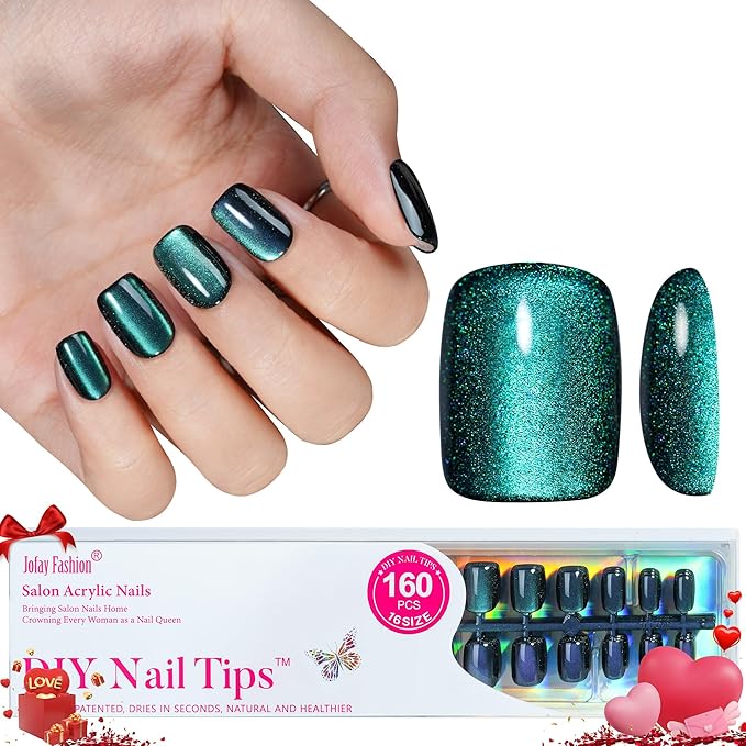 Chameleon Press on Nails Short - Cat Eye Square Glue on False Nails, Stick On in 32 Sizes - 160PCS Soft Gel Fake Nails Kit
