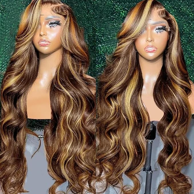 13x6 Highlight Ombre Lace Frontal Wigs Human Hair 4/27 Honey Blonde 180% Density Body Wave Wig for Women HD Transparent Lace Front Wig with Highlights Colored Glueless Wigs Human Hair 24 Inch