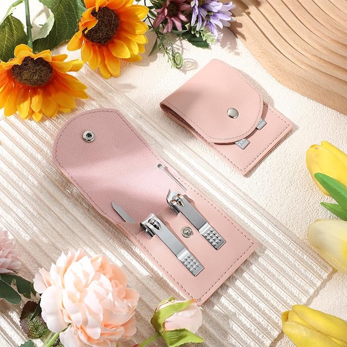 Lasnten 100 Bulk Nail Clipper Set Bulk Manicure Kit Stainless Steel Pedicure Professional Nail Care Kit with Travel Case Portable Grooming for Husband Men Women Family(Pink,4 in 1)