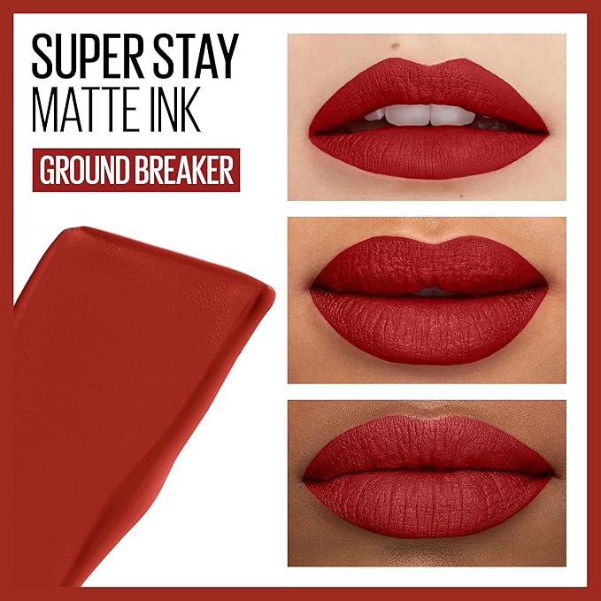 Maybelline Super Stay Matte Ink Liquid Lipstick Makeup, Long Lasting High Impact Color, Up to 16H Wear, Ground-Breaker, Maple Leaf Red, 1 Count, Packaging May Vary