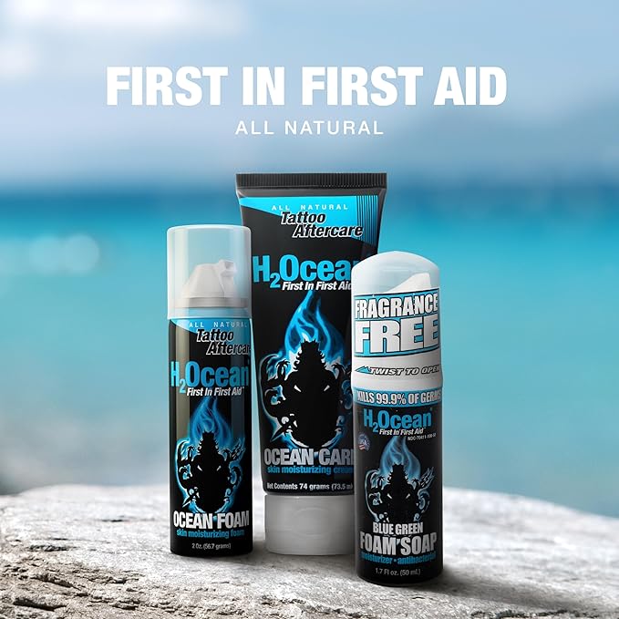 H2Ocean Ultimate Tattoo Care Kit for a Faster Heal - Tattoo Skincare Regimen - 1.7 oz Blue Green Foam Soap, 2.5 oz Ocean Care Skin Moisturizing Cream & 2 oz Ocean Foam Skin Moisturizing Soap