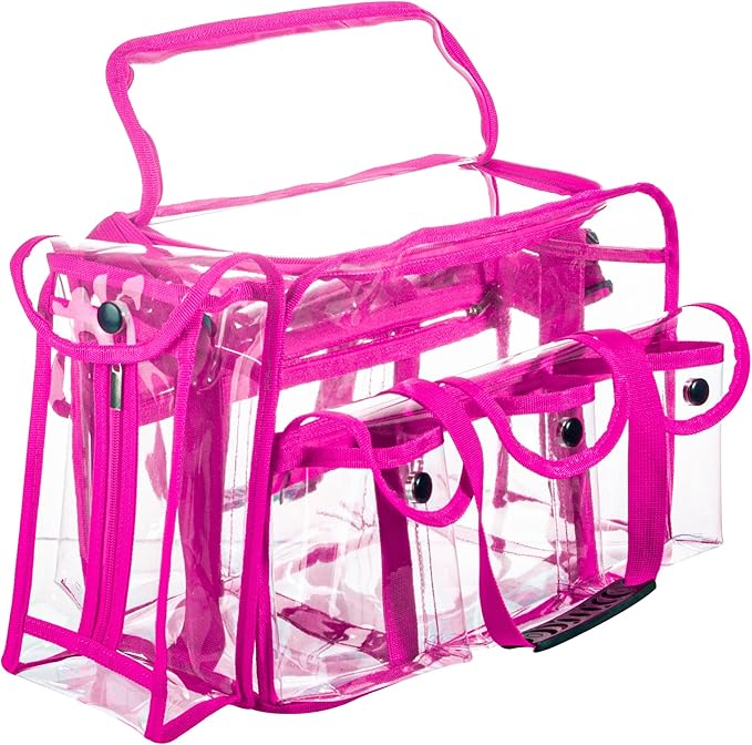 Wide Opening Large Professional Clear PVC Travel Makeup Artist Set Cosmetic Nails Beauty Bag Transparent Vinyl Tool Organizer Work Beach Diaper With 6 External Pockets & Strap (Pink)