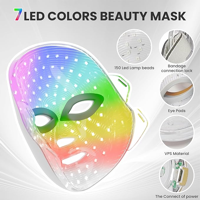 7-1 Colors LED Facial Skin Care Mask,Red Light Therapy Mask for Face, Cordless Led Face Mask Light Therapy,Salon or Home,White.