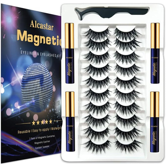 Alcastar Magnetic Eyelashes with Eyeliner Kit, Magnetic Lashes Natural Looking with, Reusable,Long Lasting, Easy Apply,Cruelty-Free. (BA10-4D38)