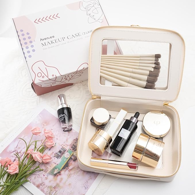 Aveniee Clear Makeup Bags, Double Layer Cosmetic Case with Separate Brush Compartment, Large Toiletry Organizer for Women, Travel Accessories Holder(2 Layers Large, White)