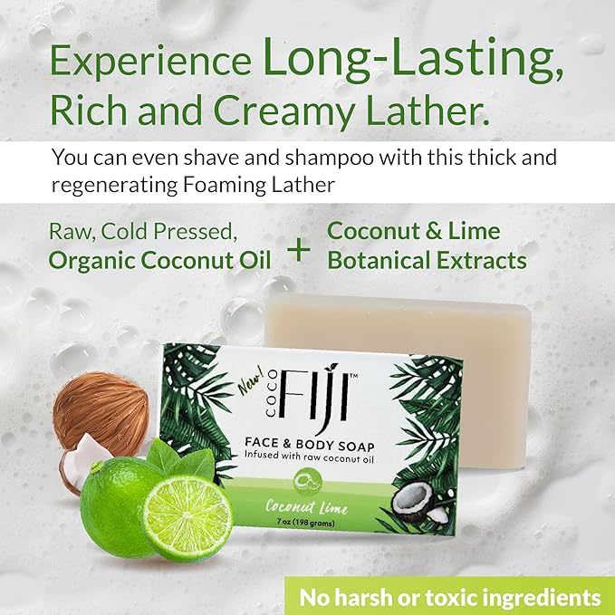 Coco Fiji Soap Bar for Face and Body Infused With Organic Coconut Oil, Coconut Lime, Essential Oil, Natural Soap for Moisturizing & Pore Purifying Skin, 7 oz,Pack of 2