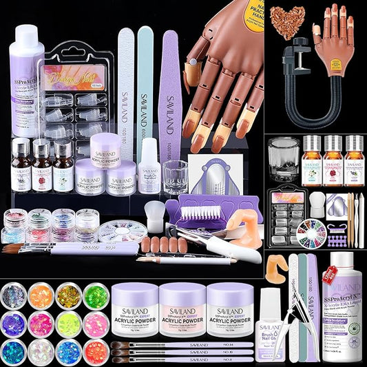 SAVILAND Acrylic Nail Kit for Practice: Premium Nails Kit Acrylic Set withPractice Hand Training Mat Brush for Beginner Extension Carving Home