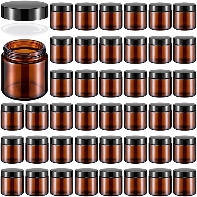 Norme 48 Pcs 4 oz Glass Jars with Lids Leakproof Round Airtight Empty Cosmetic Jars with Inner Liners Lid for Storing Lotions Powder Ointments Candle Making (Black,Amber)
