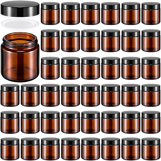 Norme 48 Pcs 4 oz Glass Jars with Lids Leakproof Round Airtight Empty Cosmetic Jars with Inner Liners Lid for Storing Lotions Powder Ointments Candle Making (Black,Amber)