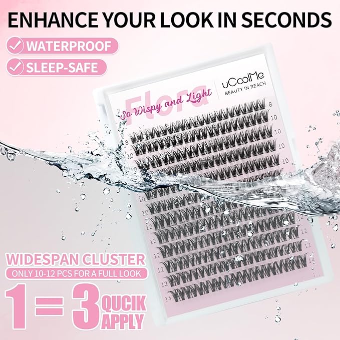 Flora Lash Clusters Kit 8-14mm Individual Lashes D Curl Spiky Cluster Lashes Kit Wispy Eyelash Clusters DIY Eyelash Extension kit with Lash Bond and Seal 0.05mm Ultra-Thin Black Lash Band DIY at Home