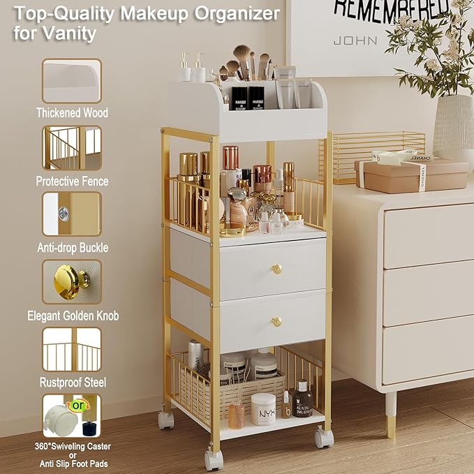 Floor Makeup Organizer Cart, Large Skincare organizers, Makeup Stand with Drawers, Makeup Vanity Organizer Cosmetics Display Cases Holder for Skin Care Nail Polish Perfume Makeup Brush (Gold)