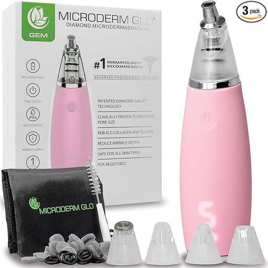 Microderm GLO GEM Diamond Microdermabrasion and Suction Tool - Blackhead Remover Pore Vacuum Advanced Facial Treatment Machine - Anti Aging Wrinkle Care for Collagen Production & Acne Scars (Pink)