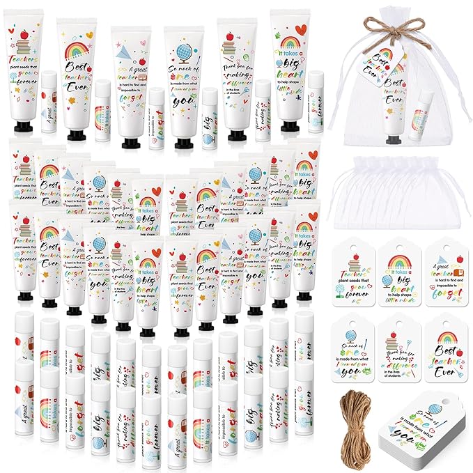 24 Set Teacher Appreciation Gifts Lip Balm Hand Cream Thank You Gifts with Cards Organza Bags Travel Size Moisturizing Hand Lotion for Dry Crack Hand Teachers' Day