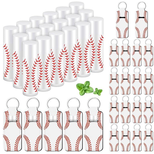 18 Sets Party Favors Lip Balm and Lipstick Holder Keychain Bulk Sport Ball Team Gifts Natural Moisturizing Lip Balm Keychains Pouch for Team Gifts Sports Party Supplies(Baseball)