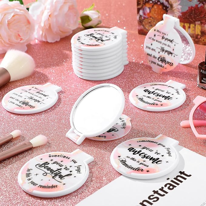 Wenqik 100 Pcs Compact Mirror Bulk Light Pink Gifts for Women Small Inspirational Pocket Purse Handheld Mirror Portable Round Makeup Folding Appreciation Gift for Christmas Valentine Daily Travel