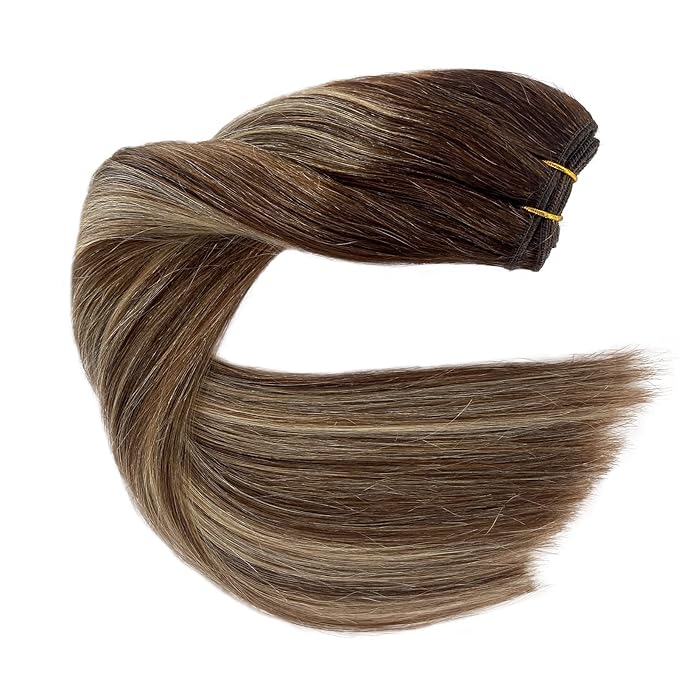 Sew in Weft Hair Extensions Real Human Hair - Brown Balayage Blond Highlights, 14 Inch 80G Remy Human Hair Bundles, Hand Tied Weft Extensions