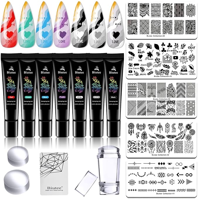 7 Colors Nail Stamping Polish Gel Nail Stamper Kit with 5 Pcs Nail Stamping Plates for Nails Art Stamp Beginners Kit
