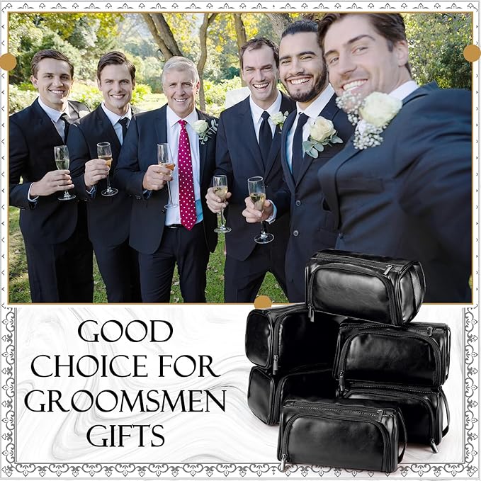 Aliceset 6 Pcs Groomsmen Gift Groomsmen Toiletry Bags Set of 6 Leather Toiletry Bag for Men with Hook Leather Wedding Proposal Bag with Side Handle Father Gift(Black)