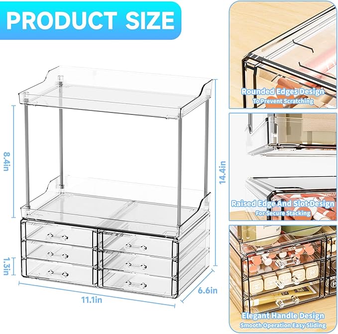 2 Pack Bathroom Organizers and Storage Countertop With 6 Drawers,Stackable Vanity Top Organizer,14.4" Tall Large Capacity Skin Care Organizer and Exquisite Cosmetic Storage Organizer,Clear