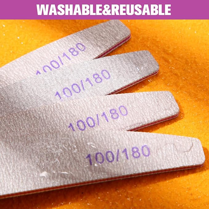 150 Pcs 100/180 Grits Nail Files Bulk Doubled Sided Emery Boards Reusable Curved Coarse Nail Buffers Manicure Tools for Acrylic Natural Toenails Home and Salon Use