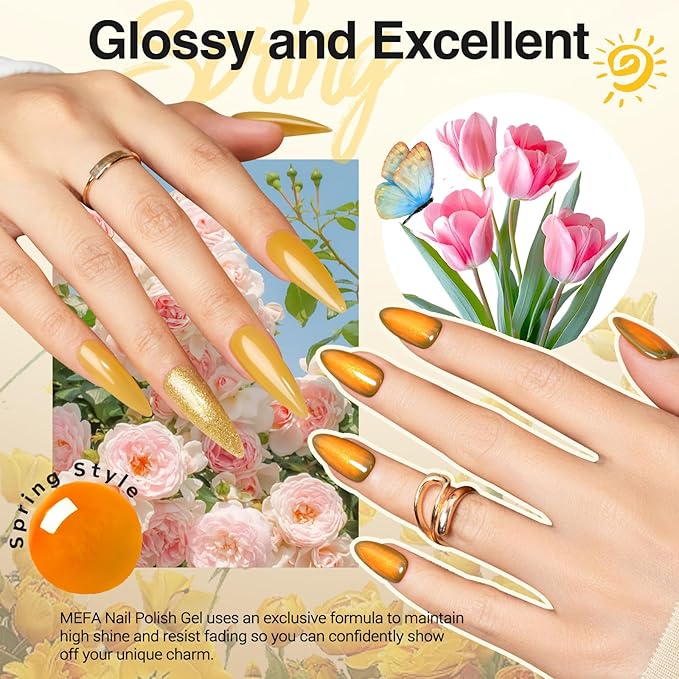 MEFA 6 Colors Gel Nail Polish Set, Shades Orange Red Brown Glitter Yellow Soak Off Gel Polish Spring Summer Tones Nail Art Design Salon Home Manicure Kit Gifts
