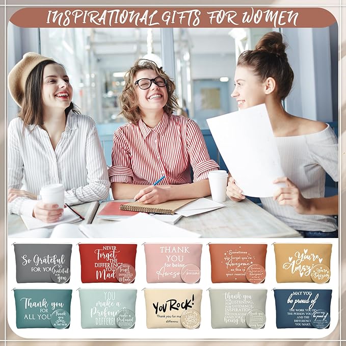 20 Pcs Employee Appreciation Gifts 10 Inspirational Canvas Makeup Bags 10 Compact Mirrors Bulk Cosmetic Bags Round Portable Pocket Mirror Thank You Gifts for Women (Praise)
