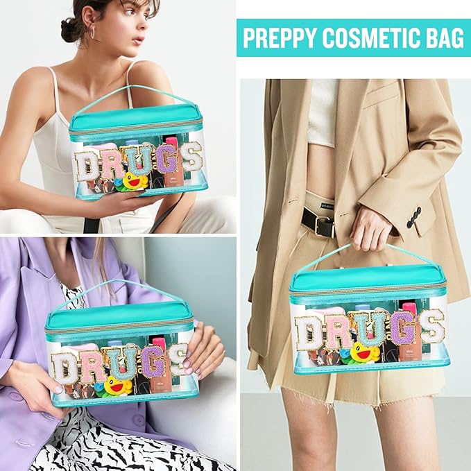 Chenille Letter Clear Makeup Bags Drugs Pouch, Preppy Patch Makeup Bag Zipper with Handle, Transparent PVC & Nylon Waterproof Glitter Cosmetic Handbag Travel Toiletry Storage for Women (DRUGS-Green)