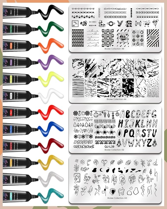 SEISSO 12 Colors Nail Stamping Polish Gels+5Pcs Stamp Print Templates+1 Peel Off Nail Tape Stamp Latex+1 Stamper with Scraper, Stamping Nail Polish Art Set Manicure Gift Collection