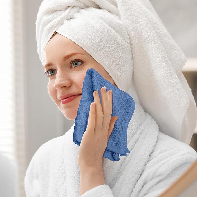 Oakias 100% Cotton Wash Cloths 24 Pack Blue - 12 x 12 Inches Ring Spun Cotton Facial Towels - Highly Absorbent Quick Dry Spa Towels - Bulk Washcloths Ideal for Scrubbing and Cleaning