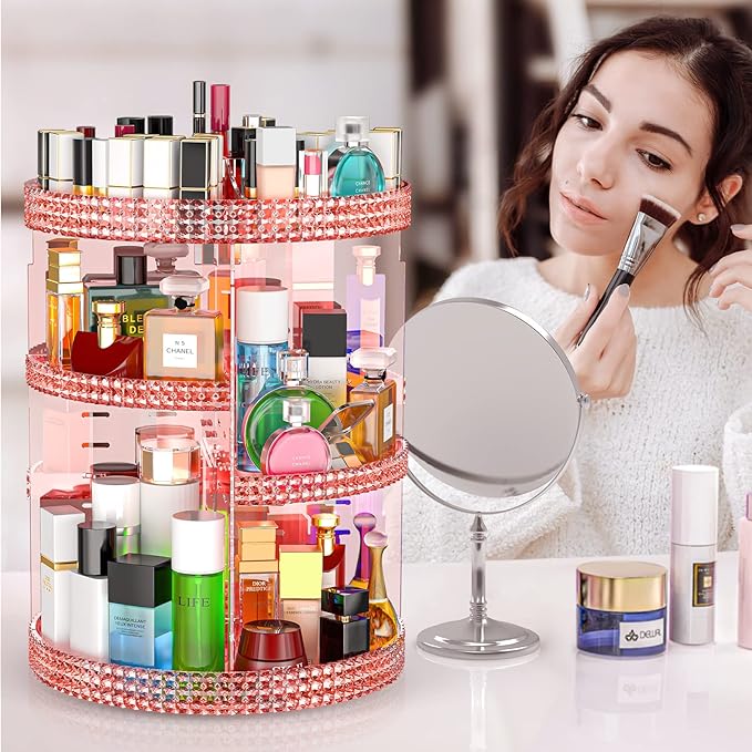 Pink 360 Makeup Organizer Carousel, Makeup Organizer for Vanity, Acrylic Make Up Organizer, Large 7 Layers 360 Makeup Organizer, Fits Makeup Brushes, Lipsticks, Bathroom, Vanity, Plus Size Pink