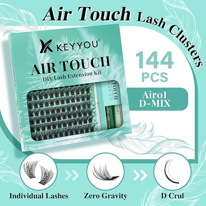 Lash Extension Kit 144pcs Air Touch Lash Clusters with Bond and Seal Lash Applicator Remover D Curl DIY Eyelash Extension Kit Easy to Apply at Home(Air01Kit-D-8-18Mix)