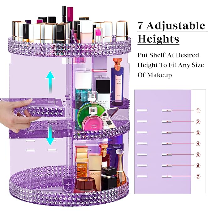 Makeup Organizer 360 Degree Rotating Cosmetic Storage Organizer, Acrylic Make Up Organizer, Large 7 Layers 360 Makeup Organizer, Fits Makeup Brushes, Lipsticks, Bathroom, Vanity, X-Large Purple