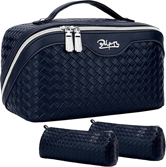 BOYATU Travel Makeup Bags for Women: Large Make up Bag Set of 3 - PU Leather Toiletry Bags - Portable Cosmetic Bag with Divider & Handle (L15 Dark Blue)